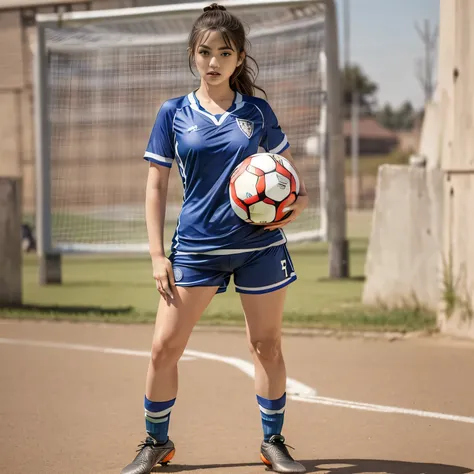 RAW image quality, (High resolution, highest quality, table top:1.4), (15 year old girl :1.3), sparkling skin, narrow waist, Large chest teeth above the skin, (((A woman in light soccer clothing:1.4))), soccer uniform, short shorts, sweat a lot, (Above the...