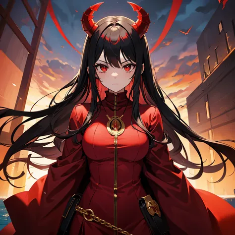 Female, red clothing, black hair, red horns, wearing black mask, golden red necklace, cute, white, turtle neck,revealing clothes, sexy, demon queen, evil