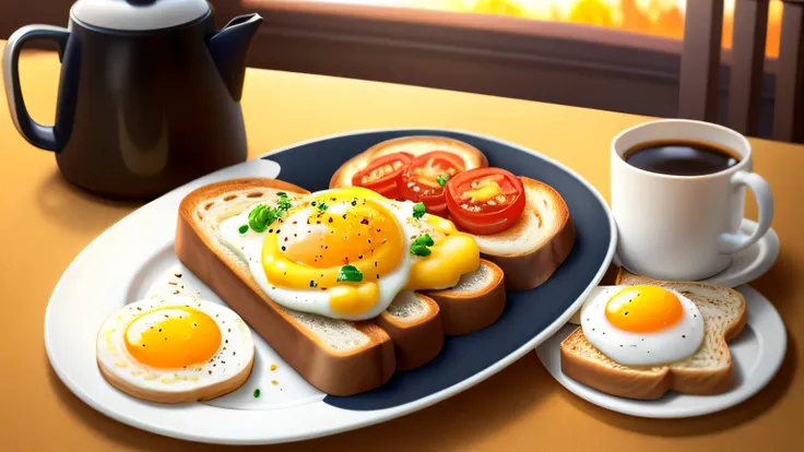 Eggs and toast、tomato、Smoky hot coffee、Rich breakfast , pixar style , golden hour light,Warm colors