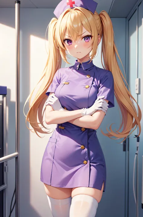 1girl, solo, nurse, nurse cap, white nurse uniform, ((white legwear, zettai ryouiki)), white gloves, twintails, yellow hair, purple eyes, angry, crossed arms, standing, ((hospital room)), sharp outline, short sleeves, best quality, masterpiece