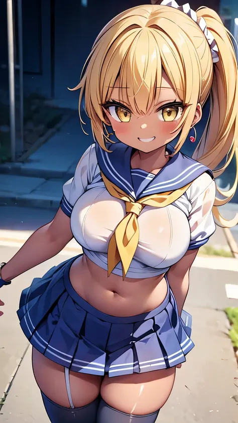 highest quality,wonderful,finely,extremely detailed CG Unity 8K wallpaper, (1 girl,blonde, yellow eyes, low ponytail, Scrunchie, earrings、evil smile), (grin and laugh:1.1), ((brown skin:1.2), (midium breasts:1.1),(sailor uniform:1.3), (bra lift:1.2), (zett...