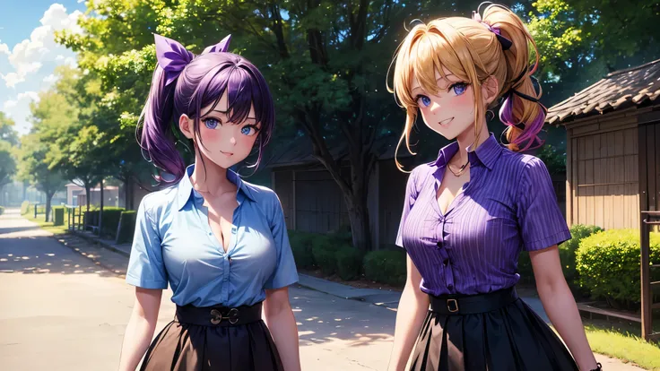 2girls, summer, village, trees, sun, clouds, ((colorful hair)), ponytail, large breasts, button down, blue eyes, ((purple shirt)), ((unbuttoned shirt)), unbuttoning buttons, popping buttons, ((short sleeved shirt)), black mini skirt, brown shoes, grin, loo...