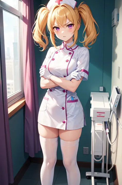 1girl, solo, nurse, nurse cap, white nurse uniform, ((white legwear, zettai ryouiki)), white gloves, twintails, yellow hair, purple eyes, angry, crossed arms, standing, ((hospital room)), sharp outline, short sleeves, best quality, masterpiece