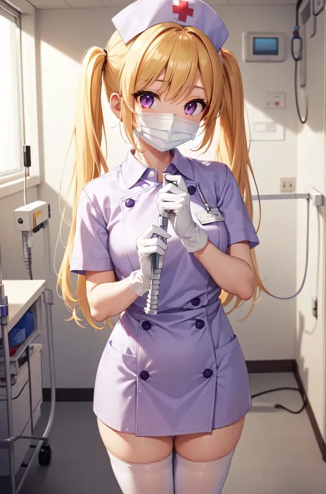 1girl, solo, nurse, nurse cap, white nurse uniform, ((white legwear, zettai ryouiki)), white gloves, twintails, yellow hair, purple eyes, ((white surgical mask, covered nose)), standing, ((hospital room)), sharp outline, short sleeves, best quality, master...