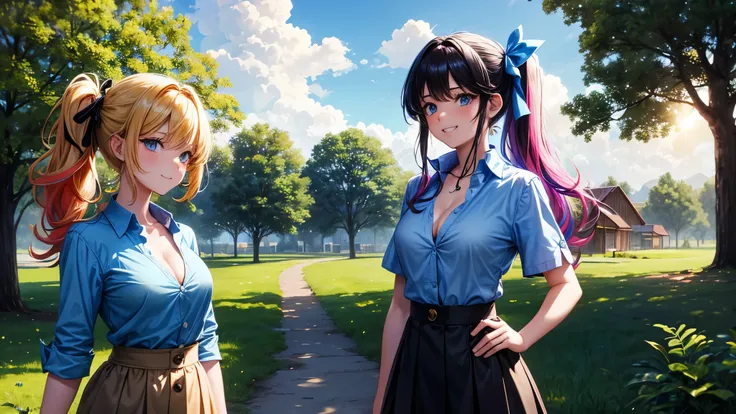 2girls, summer, village, trees, sun, clouds, ((colorful hair)), long hair, side ponytail, large breasts, button down, blue eyes, ((blue shirt)), ((unbuttoned shirt)), unbuttoning buttons, popping buttons, ((short sleeved shirt)), black mini skirt, brown sh...