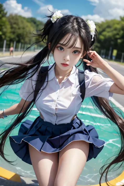 pretty girl、super realistic:1.5、ultra high resolution、super realistic:1.5、wide open thighs、(uniform,mini skirt)、But the bubble、stockingasterpiece、young girl、twin tails、ultra hd、Ultra-detailed face and eyes、Transparent eyes、beautiful breasts、Slim golden rat...