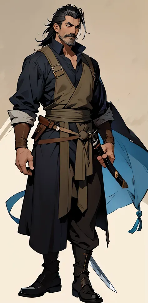 Anime fantasy male in his 40s and 50s with a firm, neatly cut mustache. He wears an adventurer&#39;s outfit that looks like he&#39;s been through a lot of battles. His hair is black and has some white. He&#39;s holding a sword.