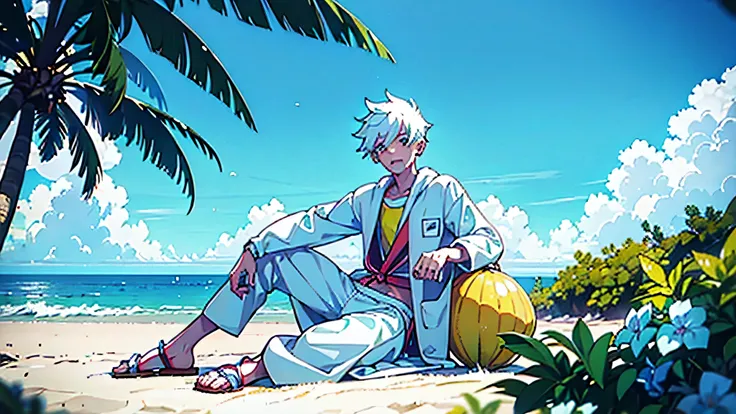 white hair，15 year old boy，Wearing only swimming trunks，sitting on the beach，Hold a drink，Wearing beach sandals，There&#39;s a slice of lemon on the side，spread legs