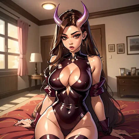 Hot woman, long hair, red bodysuit dress,sexy, inside room, brown hair, brown eyes, demon horn, demon tail