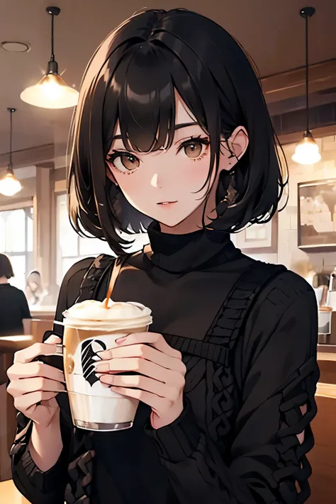 best quality, highres,Slender、brown eyes、tall、black hair、(bob:1.3),curly hair、(Cafe:1.4)、(black knit:1.6)、(black clothes:1.6)、7 life size
