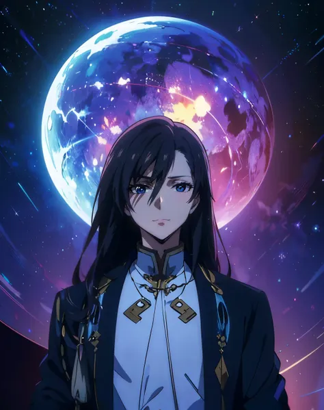 a woman in a black jacket standing in front of a blue and purple planet, beautiful androgynous prince, anime key visual of elega...