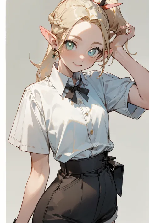 (masterpiece, best quality) detailed,silver accessories , Blonde ,elegant, pointed ears ，white shirt，shorts，double ponytail，Waist-length hair，Smile，