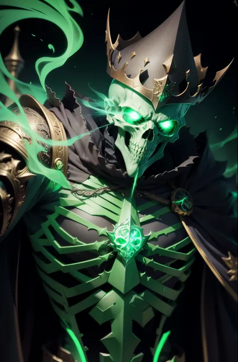 "Skeleton king lich with intricate details, showcasing detailed info items and skill images with dynamic effects in green color." (With a text Toxic King written in neon smoke at the bottom)