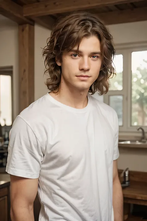 white t-shirt, Patina eyes, Big eyes, pale skin, manly, masculine, wavy messy hair, medium length hair, Soft features
