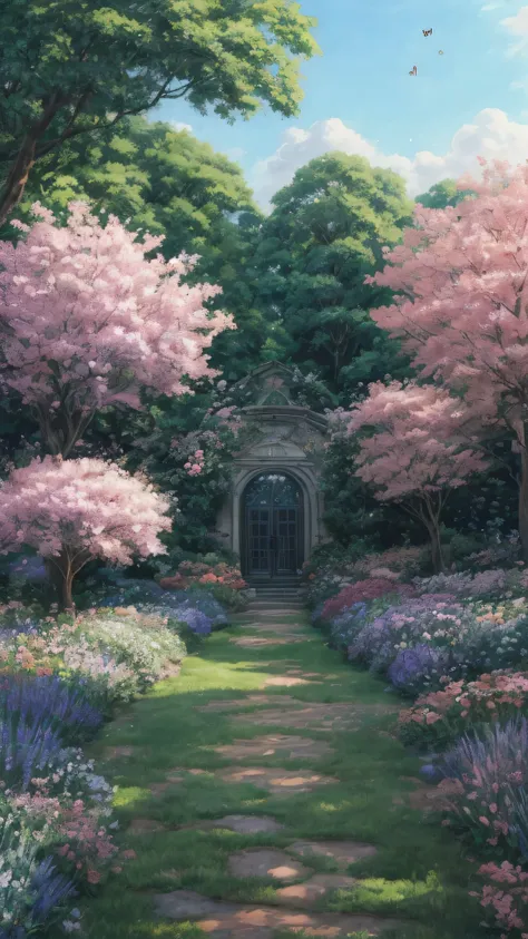 painting of a garden with flowers and a butterfly flying over it, anime countryside landscape, painted in anime painter studio, beautiful anime scene, anime background art, beautiful anime scenery, anime beautiful peace scene, made with anime painter studi...