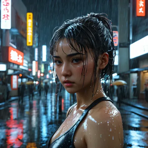 8k, RAW photo, best quality, masterpiece:1.2),(realistic, photo-realistic:1.37),Tokyo street,night, rain, wet,cityscape,night, cyberpunk city,soft light,1girl,, extremely beautiful face,bust,put down hands,Random hairstyle,Random hair color,Random expressi...