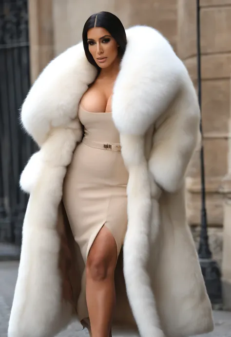 A very wide and very thick, manteau de fourrure extra long, en vison blanc, fifty centimeters thick, duveteux, naturel, with an ultra thick white mink fur collar, three layers, sur Kim Kardashian, fully nude profile view, she shows at Milan fashion week, b...