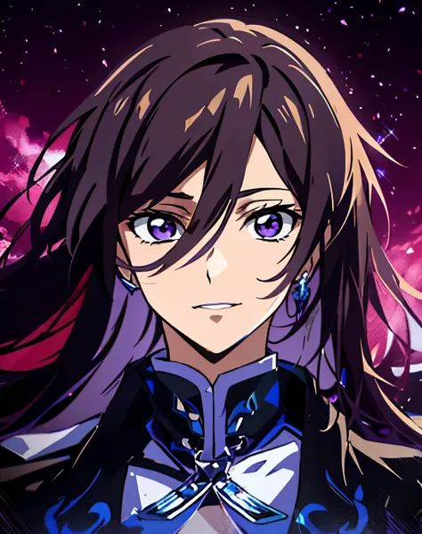 a woman in a black jacket standing in front of a blue and purple planet, beautiful androgynous prince, anime key visual of elegant, delicate androgynous prince, handsome guy in demon slayer art, 2 0 2 1 anime, handsome prince, key anime art, akasuki voidst...