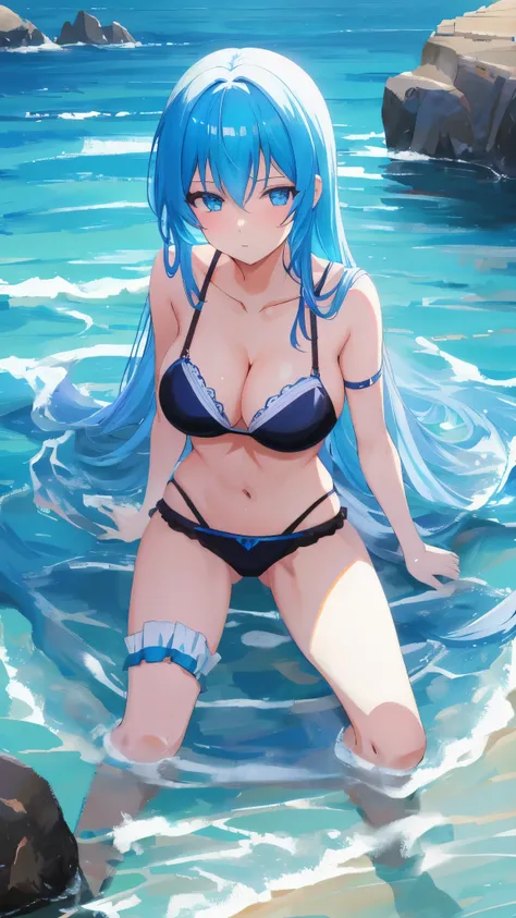 anime girl with blue hair and blue eyes in a bikini, egyptian art by Kamagurka, pixiv, context art, lewd, 19xx, pixiv 3dcg, lascivious pose, arms down, doujin, lovely queen, oppai, sexy :8, harem, , head down