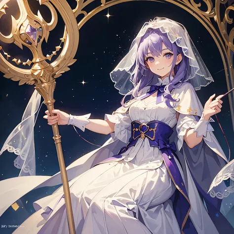 masterpiece, highest quality, electricity, veil, white dress, capelet, looking at the viewer, smile, outdoor,  Holding a cane with both hands, Wizard&#39;s Staff,light purple hair