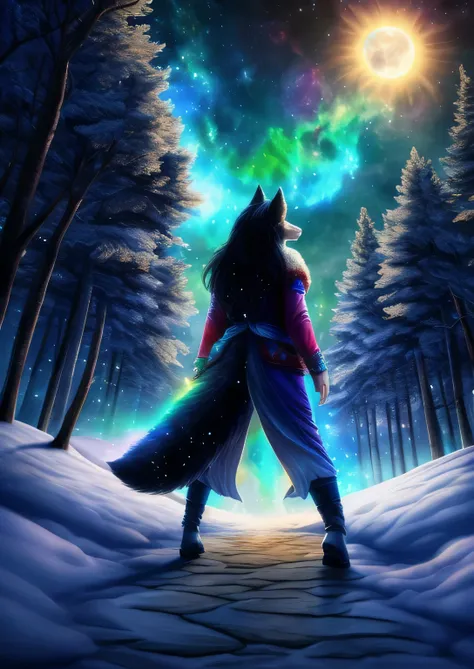 extensive landscape photography (a view from below showing the sky above and an open forest below), woman standing on a paved path looking at the landscape, hairy woman, wolf woman, full fur, magical fur ( particle of light around the wolf woman), full tai...