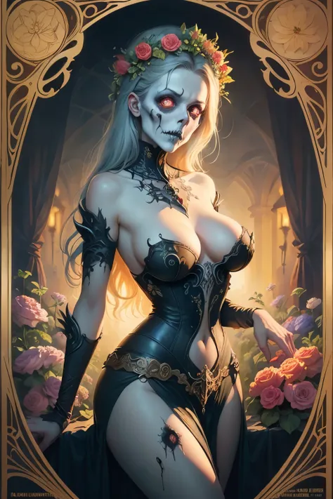 An ultrafine detailed watercolor painting of a gorgeous undead zombie with flowers in her hair, in the style of Alphonse Maria Mucha and Gustav Kilmt, art nouveau accents, (undead zombie:1.2), anthropomorphic female, female figure, detailed cover artwork, ...