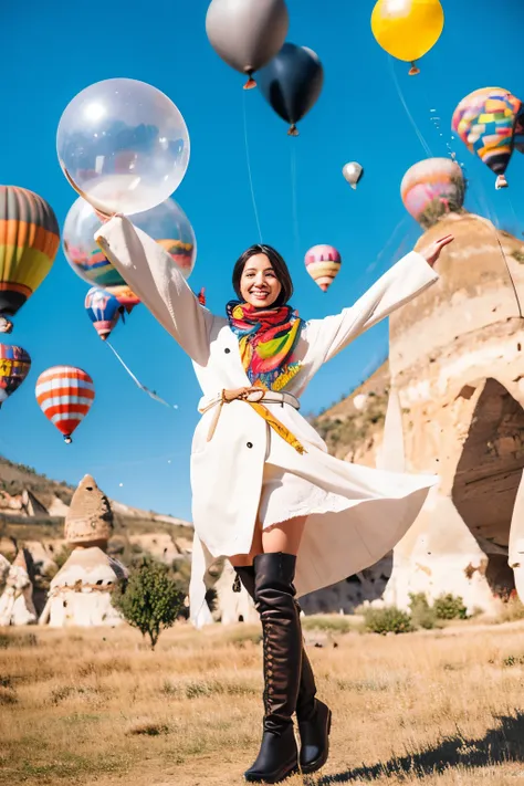 A beautiful 26 year old Indonesian woman wearing a white coat, scarf and high boots poses elegantly with several giant colorful balloons in the sky of Cappadocia, Turkey.