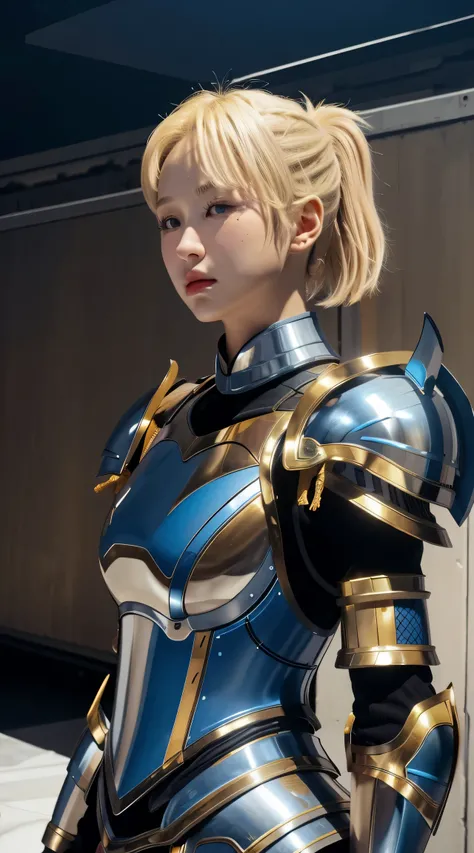 best quality, (masterpiece:1.2), highly detailed, day, city,
1girl, solo, cha hae-in, closed mouth, from front, looking at viewer,
blonde hair, short hair, brown eyes, ponytail, (blue armor:1.4), belt, bodysuit