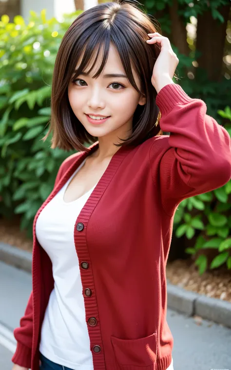 highest quality, figure, super detailed, finely, High resolution, 8k wallpaper, 完璧なダイナミックな構figure, beautiful skin, (big eyes), 20 year old beautiful girl, natural color lip, (sexy pose), Mid chest, smile, Highly detailed face and skin texture, Detailed eye...