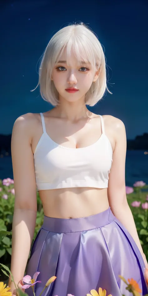 realistic, 1girl, white hair, purple eyes, glowing eyes, crop top, skirt, parted lips, blush, night, flowers, sun, sunlight,