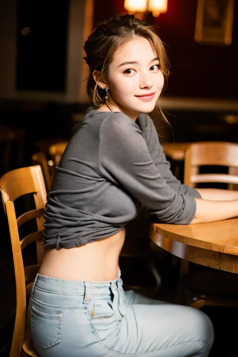 highest quality, masterpiece, ultra high resolution,(realistic:1.4), (Raw photo:1.2), (sit on a chair:1.2), (Detailed ass:1.1), at the restaurant,half_smile, fine eyes, (looking at the viewer:1.2), (gray casual clothes), (casual pants:1.2), (beautiful face...