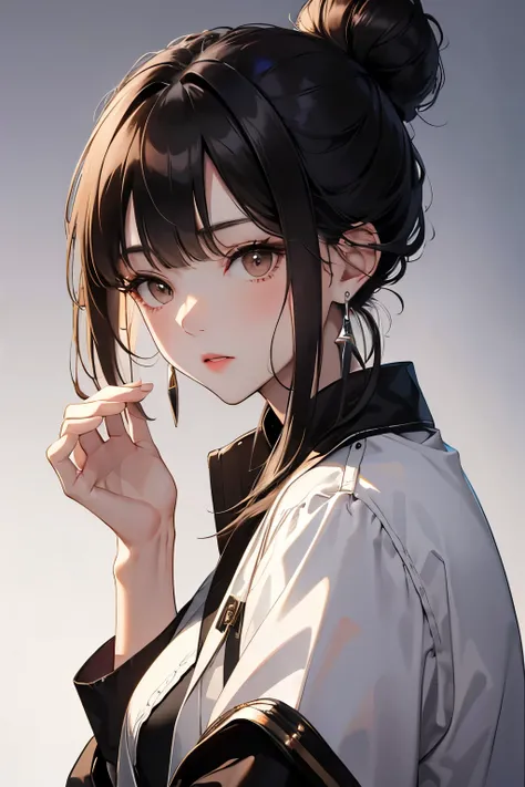 best quality, highres,Slender、brown eyes、tall、black hair、（forehead:1.3),bun hair、white blouse、black jacket、Silver earrings、shyness、Fair skin、small face
