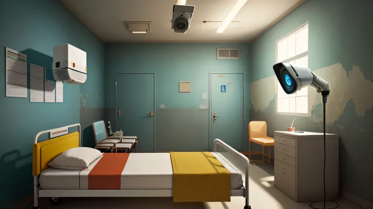 Infirmary, ((patient bed and infirmary simulation elements)), ((surveillance cameras)), walls decorated with inspirational textures, interior background art, closed space, lamp lighting, anime concept art scene, Studio Ghibli style