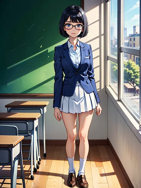 masterpiece, best quality, 1girl, solo, solo focus, brown shoes, matching shoes, white socks, matching socks, (blazer, blue blazer), ((white skirt, pleated skirt, miniskirt)), glasses (high school girl), standing, standing straight, school backdrop, dark b...