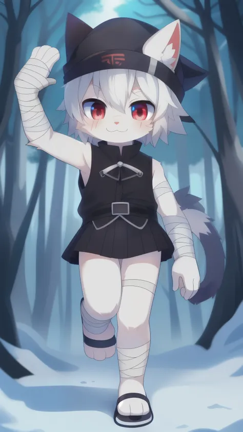 Furry shota, cat, young, two eye color, left blue eye, right red eye, gray scar on right eye, white hair, spiky hair, white body fur, detailed face, detailed eyes, detailed body fur, glistering body, shiny body, gorgeous body, ((black winter hat, black ves...