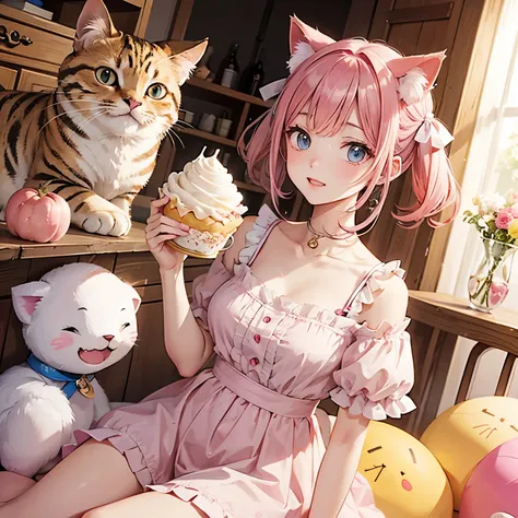 Cat with pink ribbon、Hair Pink、yellow、blue、Eat cream puffs