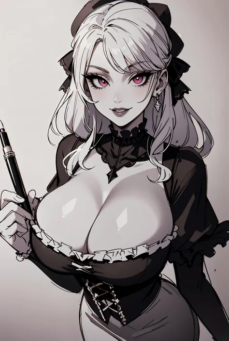 pen_sketch_style, 1girl, solo, ink, detailed face, puffy lips, gothic make up, beautiful woman, sketch, gigantic breasts, frilled dress,huge cleavage, seductive smile