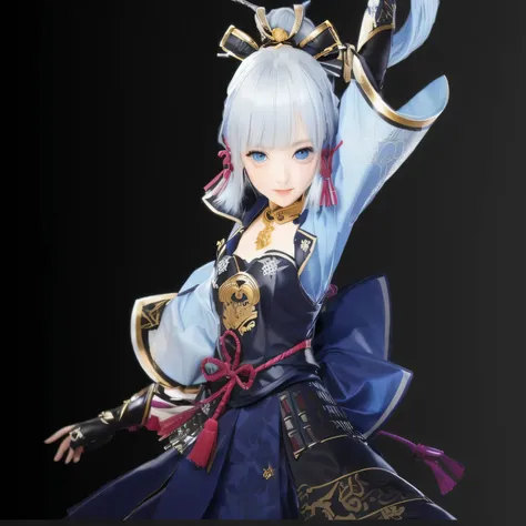 a girl with silver hair, blue eyes, wearing a samurai outfit, skirt, black and white, blue, golden details