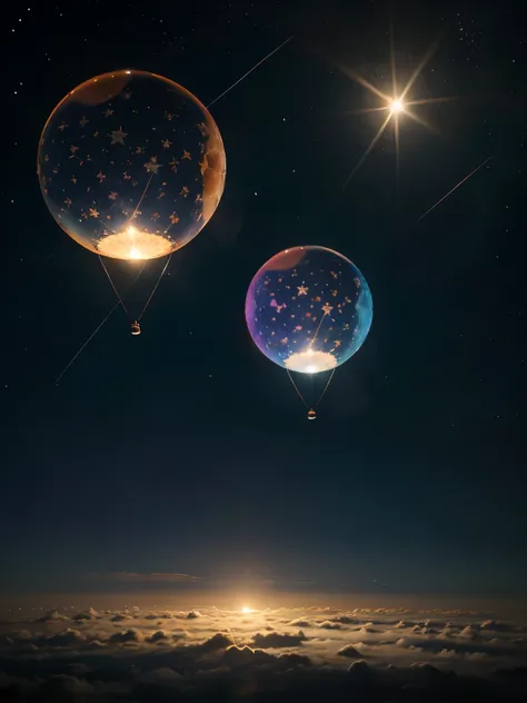 Balls floating in a celestial atmosphere ,esferas de mucho colores pasteles ,mucha luz claridad ,