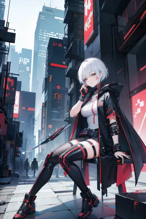 cyberpunk style　A kunoichi with short white hair　One arm looks mechanical　Wearing a cloak　have a knife　wearing a mask over the mouth　Carefully eye care