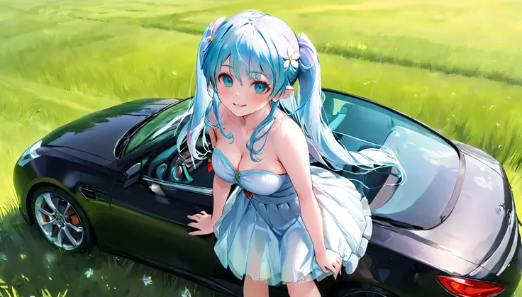  (masterpiece, best quality), 1 elven girl, ( bare breasts, thigh),  (light blue hair, twin tails ,very long hair is fluttering in the wind), full body, hand on hip , hair between eyes, multi colored hair,hair flower ornament ,(blush, smile, aqua eyes), op...