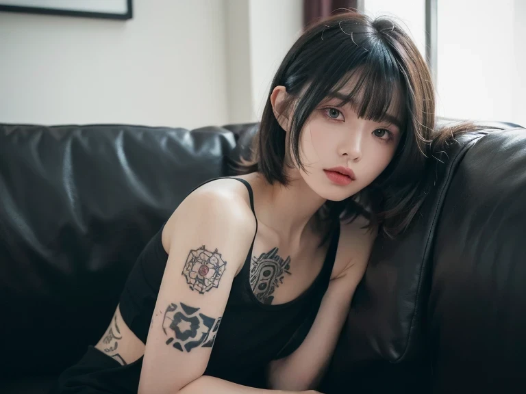 dramatic composition, in Futuristic living , a girl, (sitting on sofa:1.2), tattoo on shoulder, (Face enduring pain, face down:1.2), messy medium hair, bangs, black tank top, candytt, masterpiece, best quality, RAW photo, SIGMA 50mm F1.4