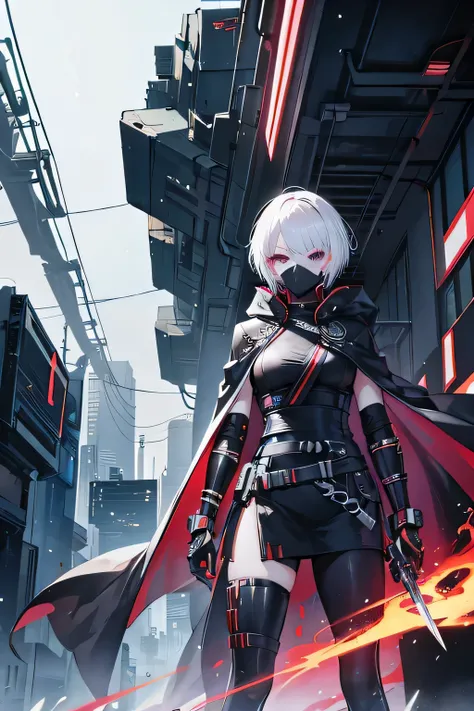 cyberpunk style　A kunoichi with short white hair　One arm looks mechanical　Wearing a cloak　have a knife　wearing a mask over the mouth　Carefully eye care