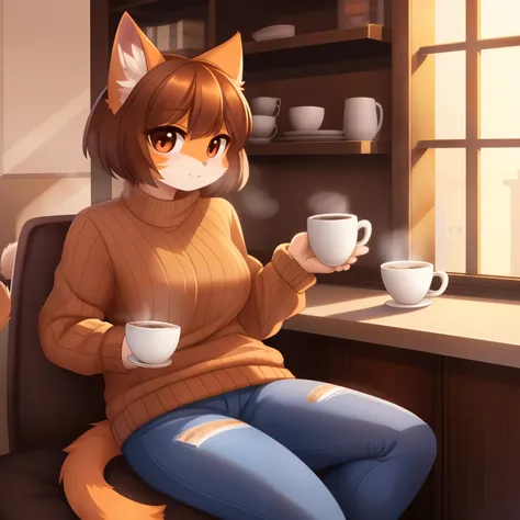 Solo, female, standing, holding a cup of cappuccino with a secure orange fluffy anime cat, brown hair, big eyes with a hint of playfulness, casual attire such as a sweater and jeans. The orange cat, with its plump and rounded body, sits comfortably on her ...