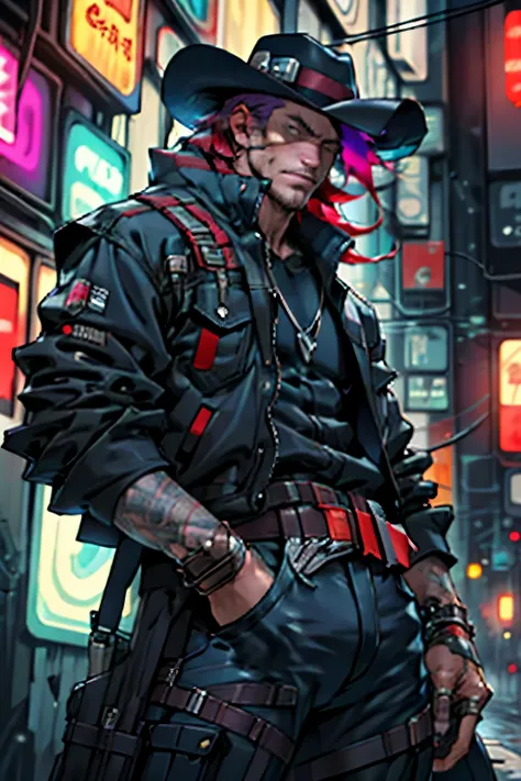 red and purple Cyberpunk cowboy war vet holding a bottle of whiskey in is hand and a cowboy hat. with red hair. with a pistole in a holster on his hip. cyberntic arm and scars along his face. male

