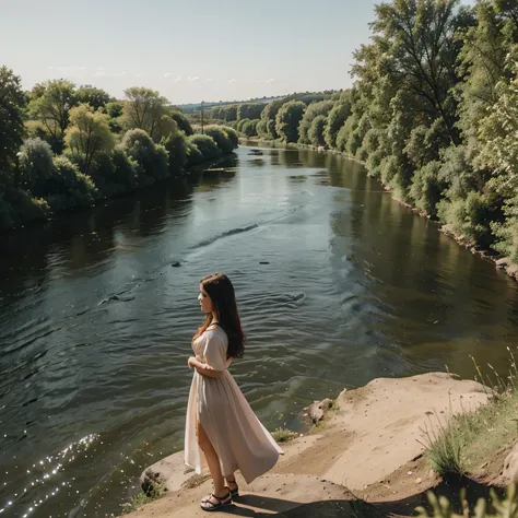 Beautiful landscape with river on one side and a beautiful hosue at the other side with a beautiful girl standing on the side of the river