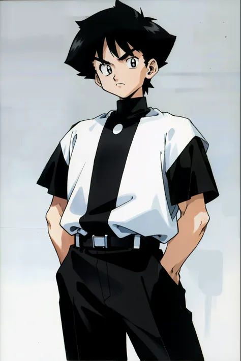 by ken sugimori, sugimori 1990s, ((only 1man)), black and white referee uniform, ((hands behind their back)), full black pupils,...