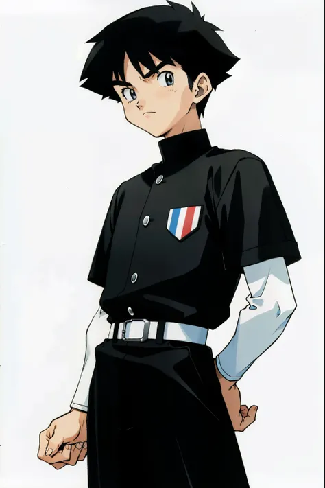 by Ken Sugimori, sugimori 1990s, ((only 1man)), black and white referee uniform, ((hands behind their back)), full black pupils, manga, best quality, highly detailed, clean lines, cowboy shot, good hands, good eyes, hd, 8k, professional, symmetrical, hires...