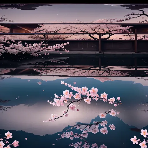 １weeping cherry blossoms、Age５００Year、Giant wood、full bloom、The flowers are densely blooming、drooping branches、evening、The sky is deep purple、、moat、(Cherry blossoms reflected on the river:2.0)、