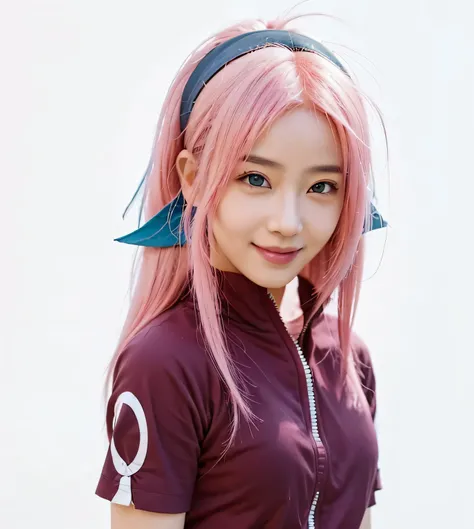 an Asian girl, pink hair, blue headband, smiling, green eyes, red shirt, realistic, naruto, sakura